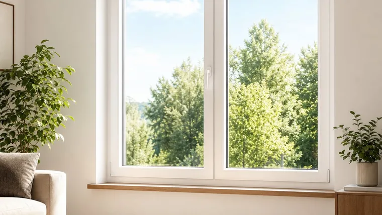 Modernes weißes Kunststofffenster mit Dreifachverglasung in einem hellen Wohnraum