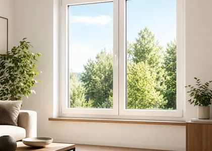 Modernes weißes Kunststofffenster mit Dreifachverglasung in einem hellen Wohnraum