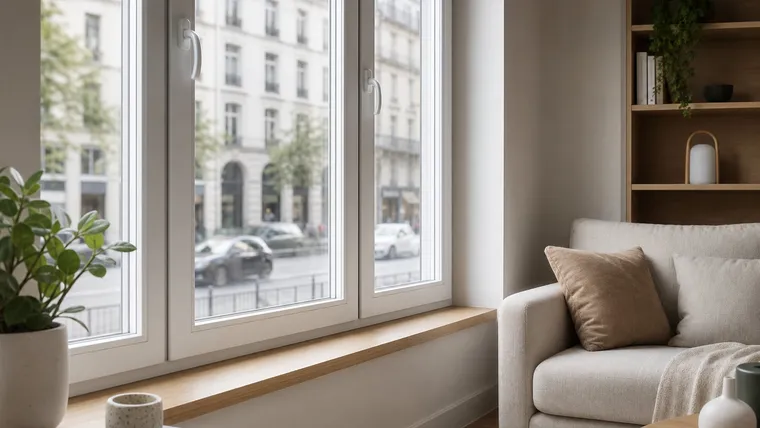 Schallschutzfenster an einer viel befahrenen Straße, das den Innenraum ruhig hält