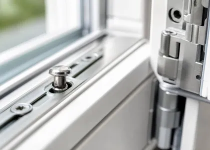 Detailaufnahme eines Sicherheitsfensters mit Pilzkopfverriegelung am Beschlag