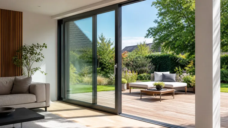 Große Hebe-Schiebetür aus Glas mit Blick auf eine Terrasse