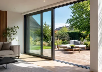 Große Hebe-Schiebetür aus Glas mit Blick auf eine Terrasse
