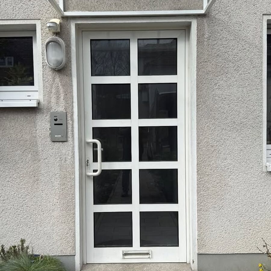 Weiße Haustür mit Sprossen-Glaselement